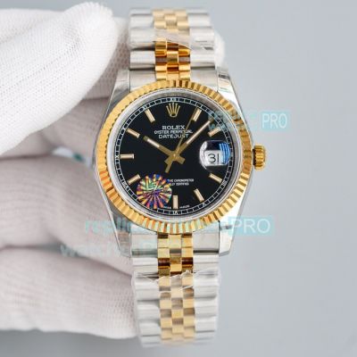 Replica Rolex Datejust 36MM Two Tone Jubilee Watch Black Dial